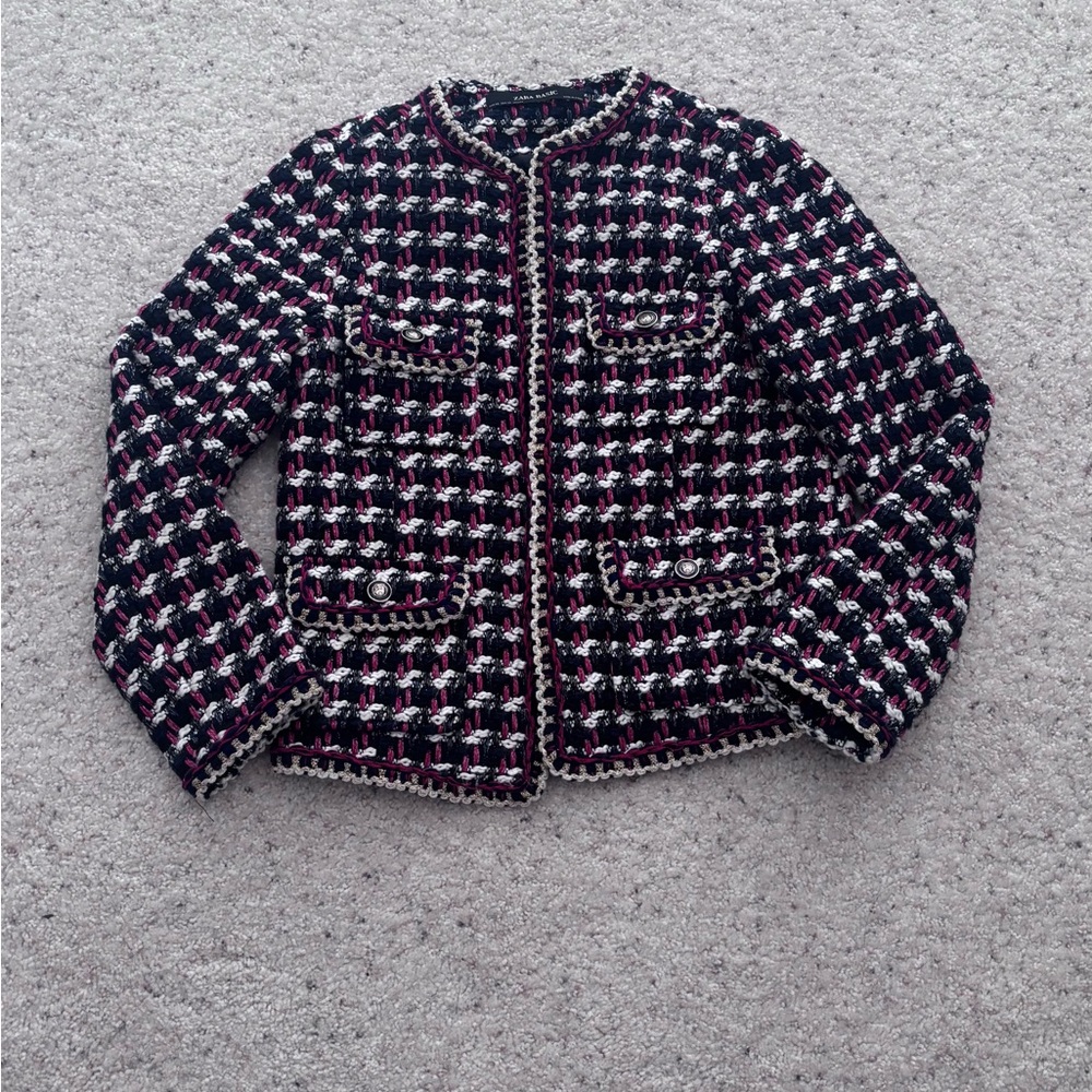 Zara Multicolor Tweed Blazer - Blue, White, Red